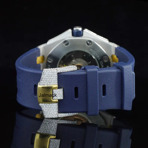 Luxury Fully Iced Out Gold Bezel Moissanite Watch for Men Blue Rubber Strap