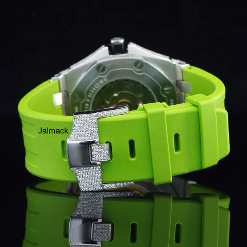 Luxury Fully Iced Out Silver Dial Moissanite Watch for Men Neon Green Rubber Strap