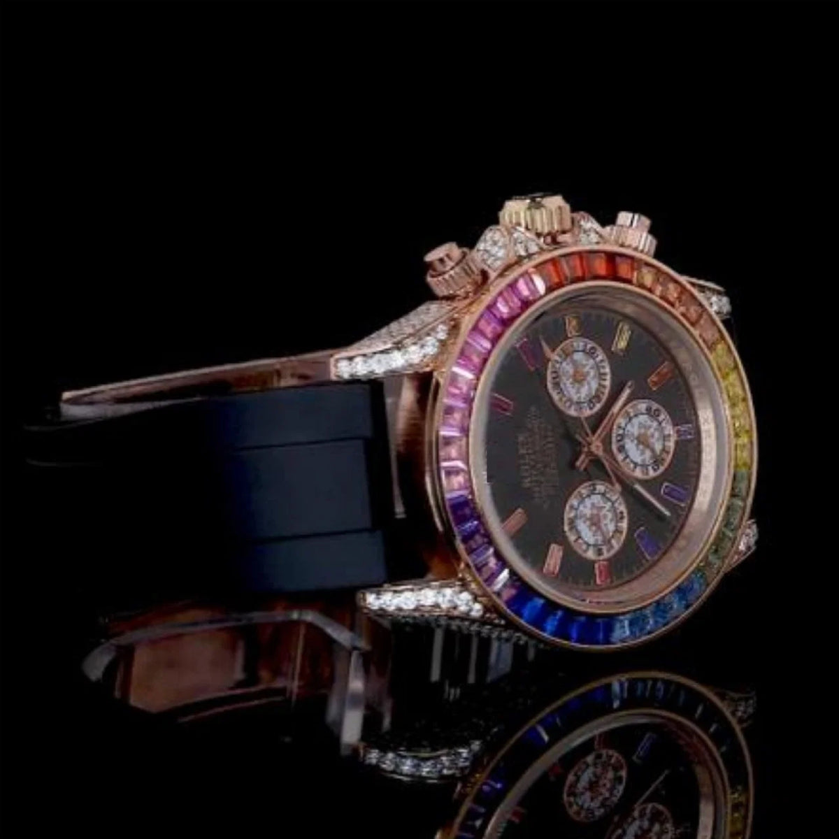 Black Dial Baton Marker Rainbow Baguette Moissanite Chronograph Watch