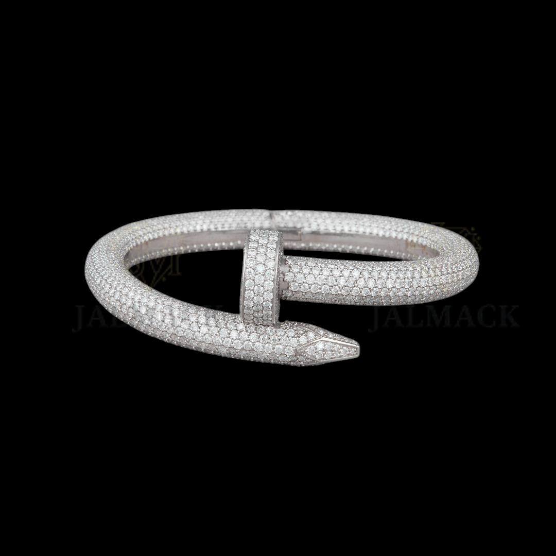 Silver Wide Cuff Moissanite Bangle with Round and Emerald-Cut Stones