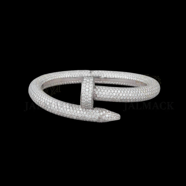 Silver Wide Cuff Moissanite Bangle with Round and Emerald-Cut Stones