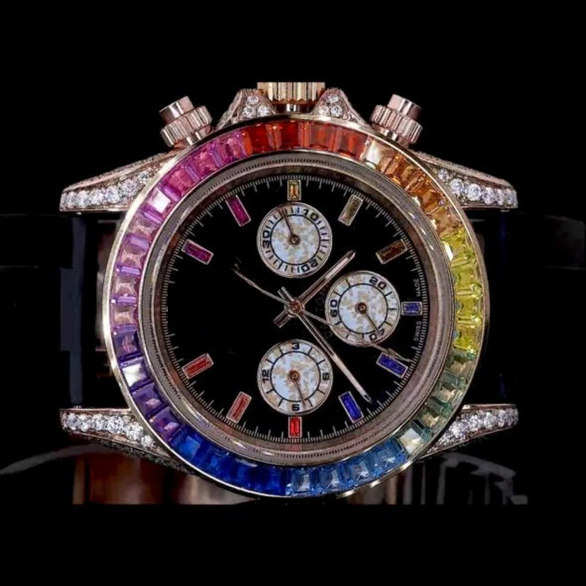 Black Dial Baton Marker Rainbow Baguette Moissanite Chronograph Watch
