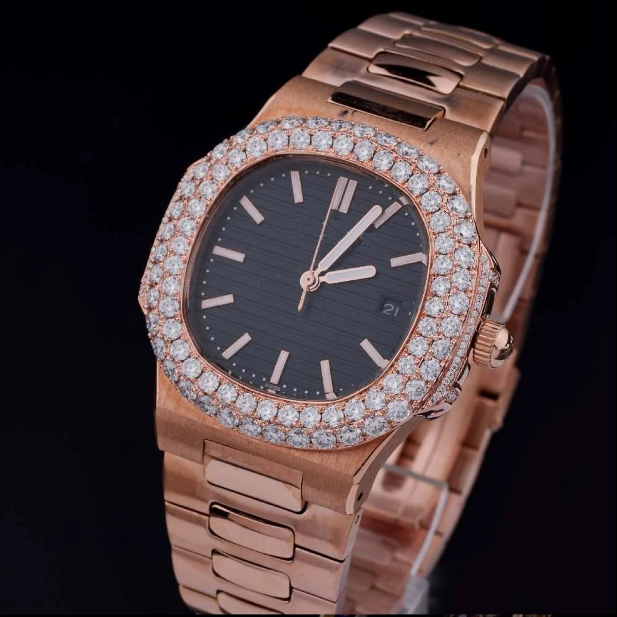 Rose Gold Black Dial Baton-Marker Round-Cut Moissanite Watch
