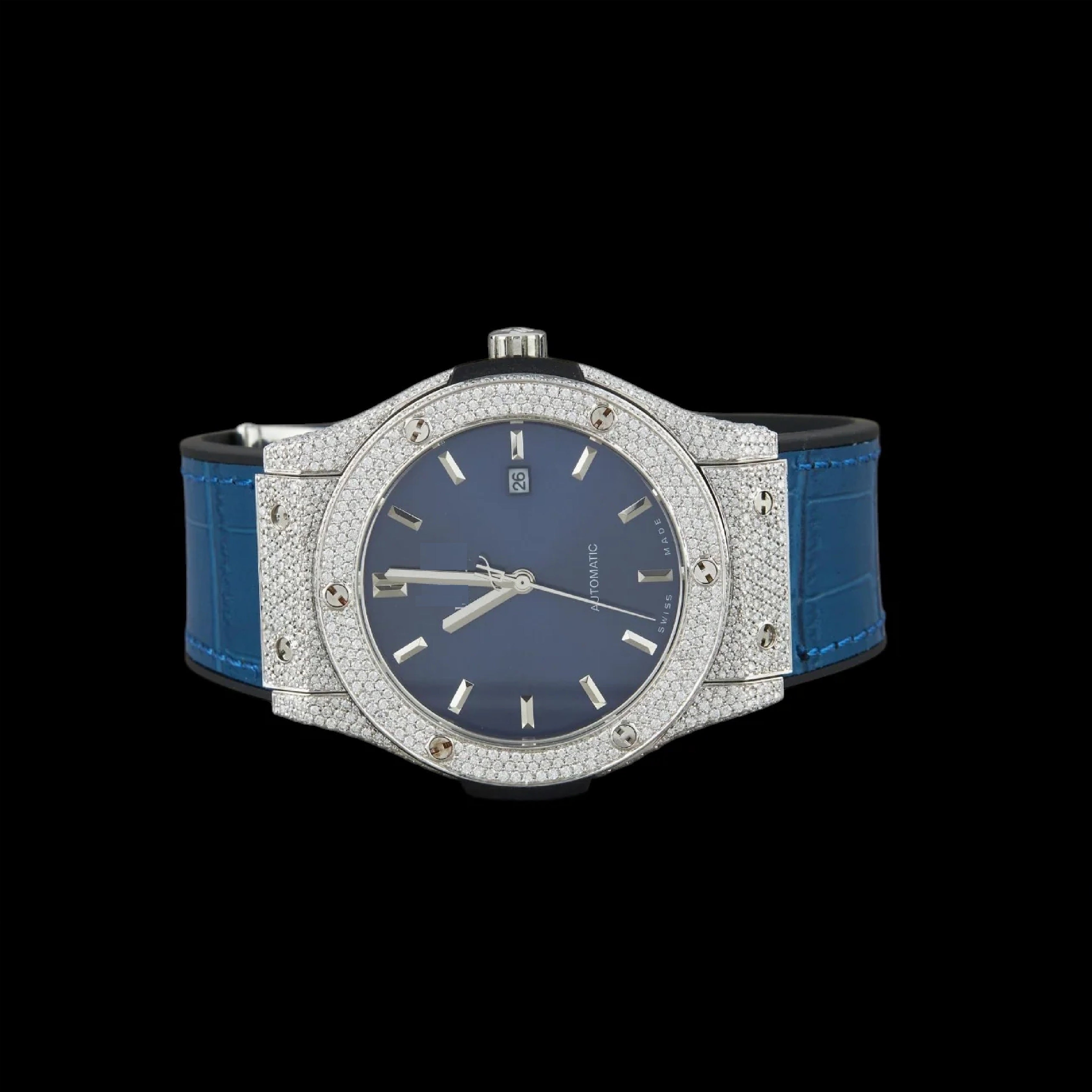 Blue Dial Baton Marker Round-Cut Moissanite Watch