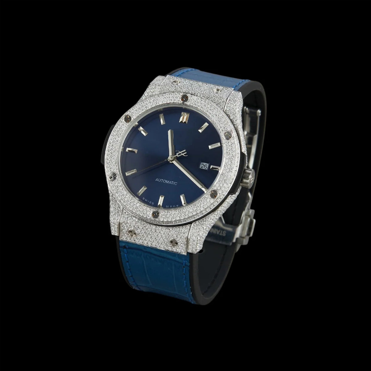 Blue Dial Baton Marker Round-Cut Moissanite Watch