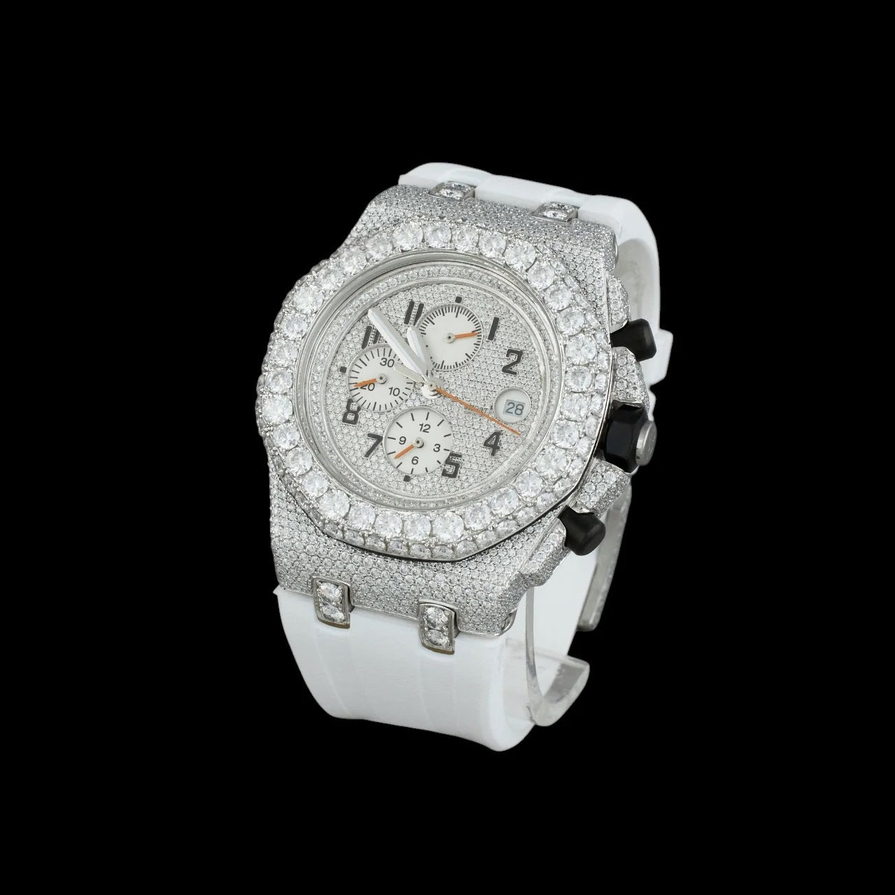 Silver Dial Arabic Numeral Round-Cut Moissanite Chronograph Watch