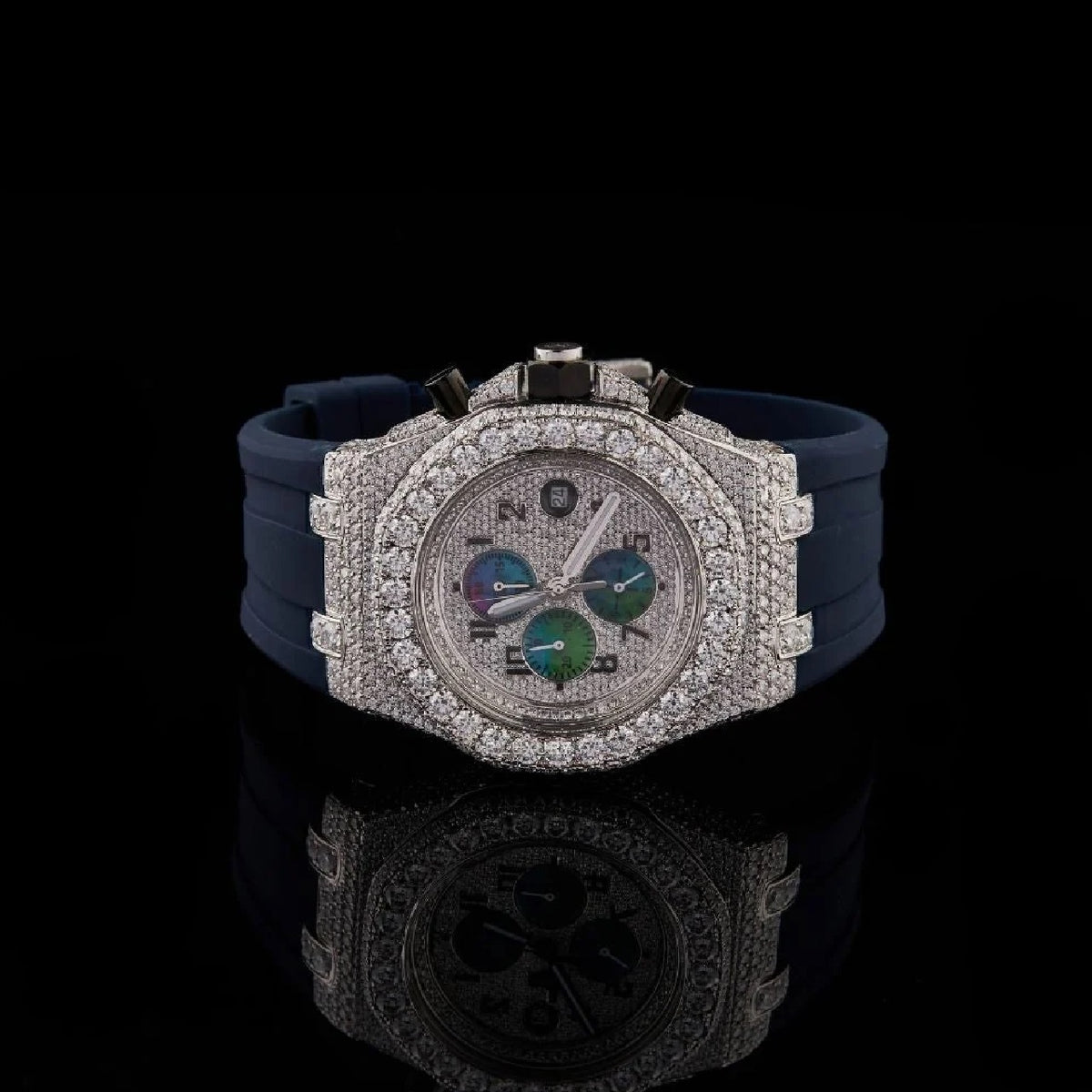 Silver Dial Arabic Numeral Round-Cut Moissanite Chronograph Watch