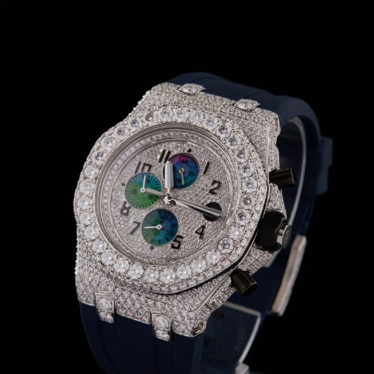 Silver Dial Arabic Numeral Round-Cut Moissanite Chronograph Watch