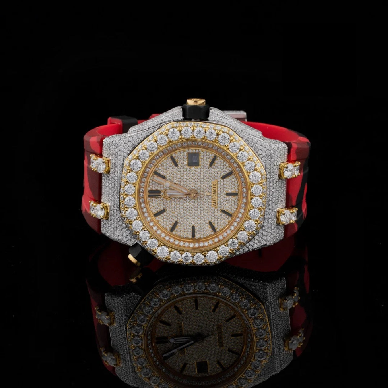 Gold Dial Baton-Marker Round-Cut Moissanite Watch