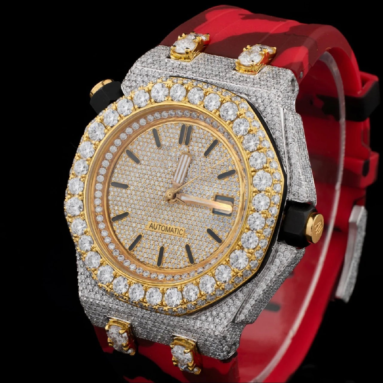 Gold Dial Baton-Marker Round-Cut Moissanite Watch