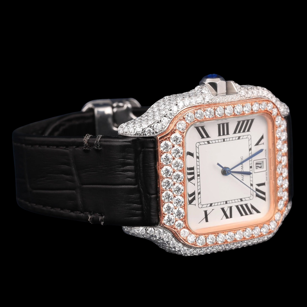White Dial Roman Rose Gold Moissanite Diamond Watch