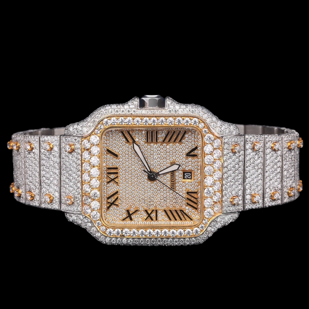 Luxury Two-Tone Roman Moissanite Automatic Date Watch VVS1 D Color Fully Iced Out