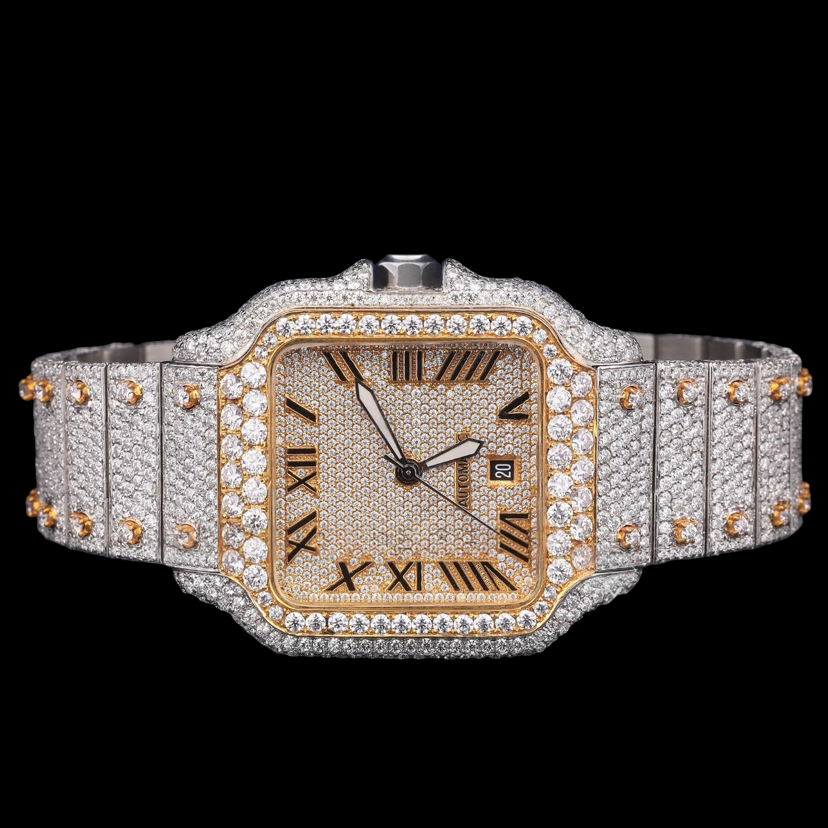 Luxury Two-Tone Roman Moissanite Automatic Date Watch VVS1 D Color Fully Iced Out