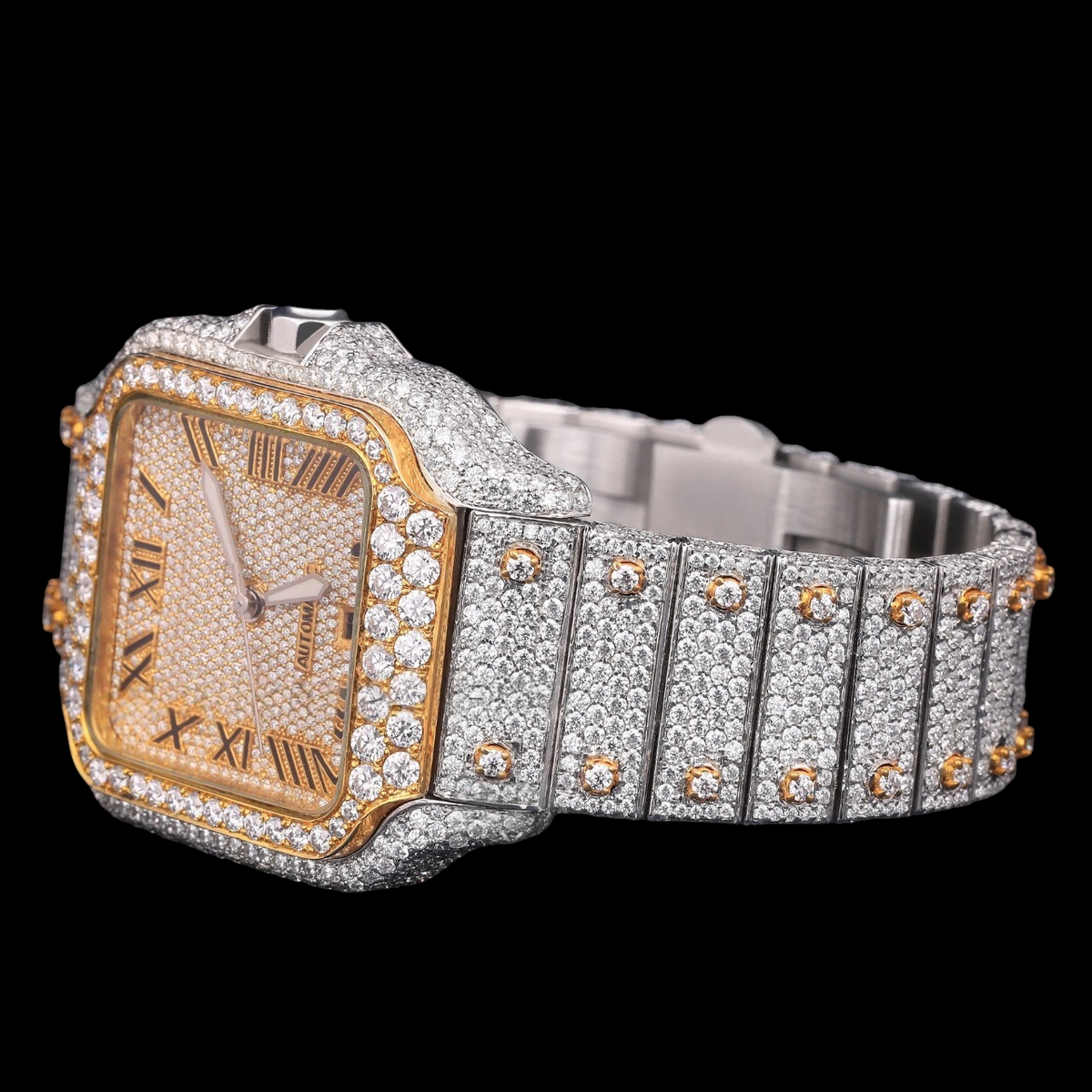 Luxury Two-Tone Roman Moissanite Automatic Date Watch VVS1 D Color Fully Iced Out