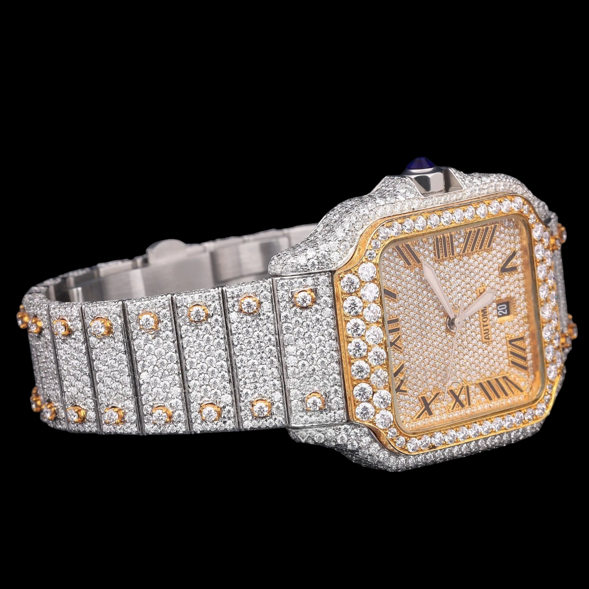 Luxury Two-Tone Roman Moissanite Automatic Date Watch VVS1 D Color Fully Iced Out