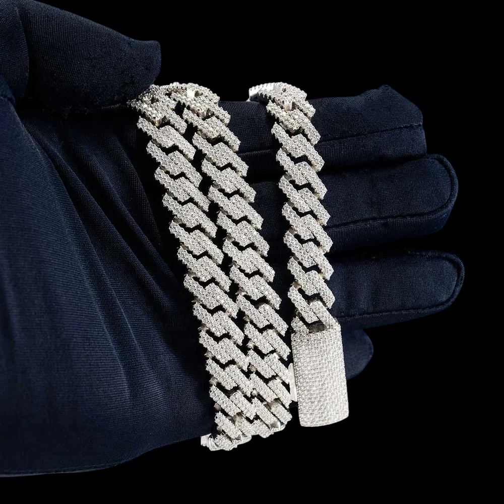 12MM Fully Iced Pave Cuban Link VVS1 D Color Moissanite Chain 925 Sterling Silver