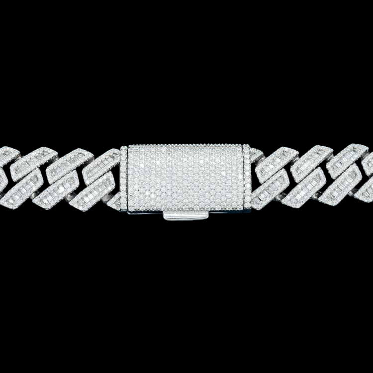 16MM Baguette Pave Cuban Link VVS1 D Color Moissanite Chain 925 Sterling Silver