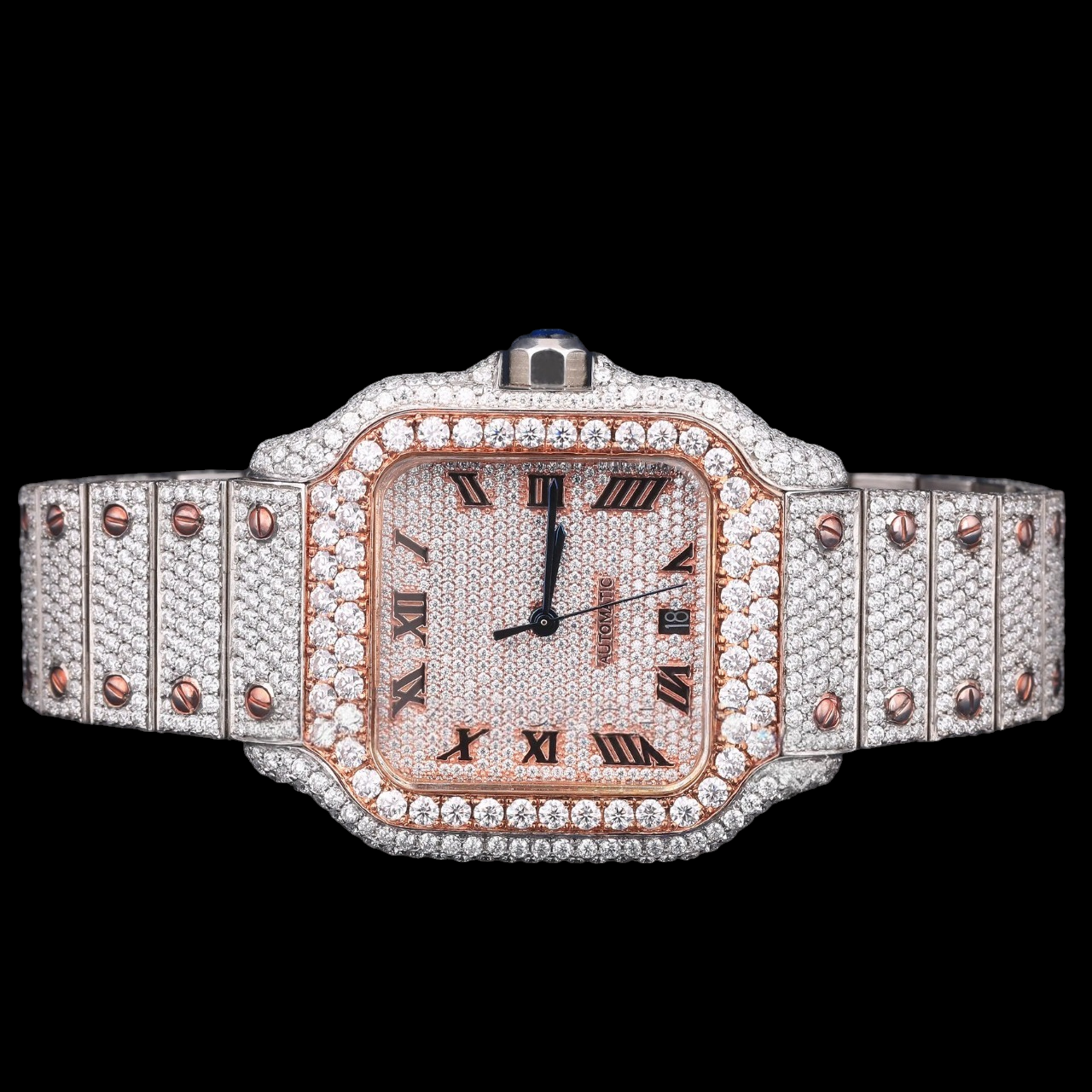 Luxury Rose Gold Thorn Moissanite Automatic Watch VVS1 D Color Fully Iced Out