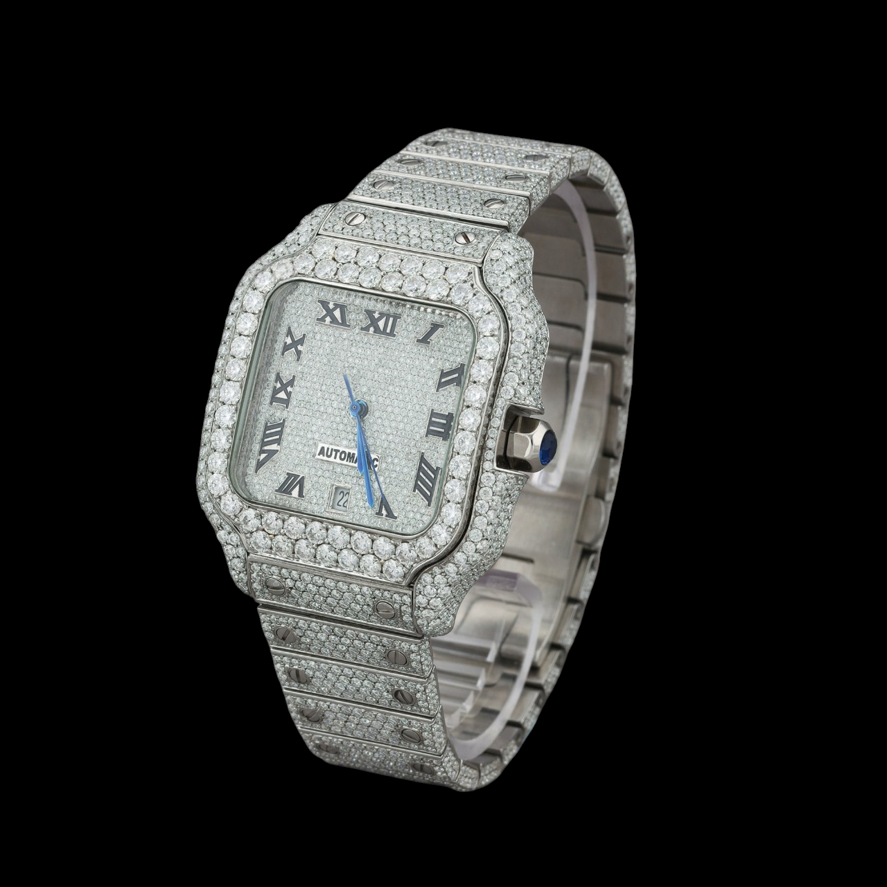 Silver Dial Black Roman Round-Cut Moissanite Watch