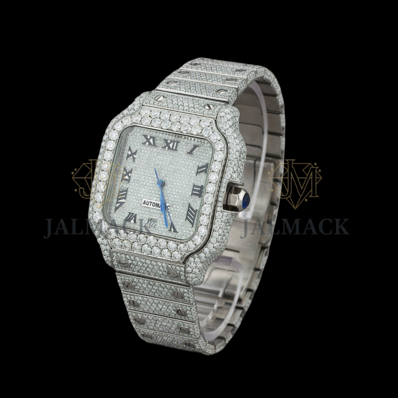 Silver Dial Black Roman Round-Cut Moissanite Watch