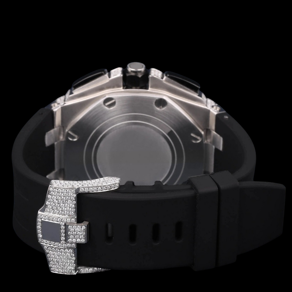 Silver Moissanite Watch VVS1 D Color Black Rubber Strap Watch