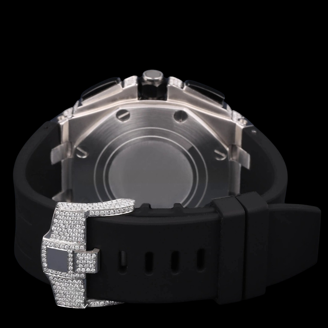 Silver Moissanite Watch VVS1 D Color Black Rubber Strap Watch