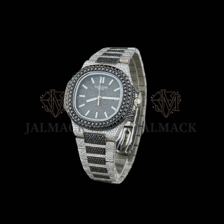 Black Dial Baton Marker Round-Cut Moissanite Watch