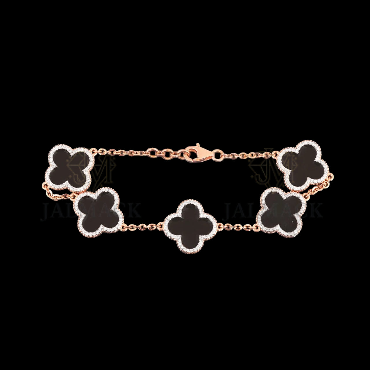 Black Onyx Clover Moissanite Bracelet Rose Gold 925 Silver
