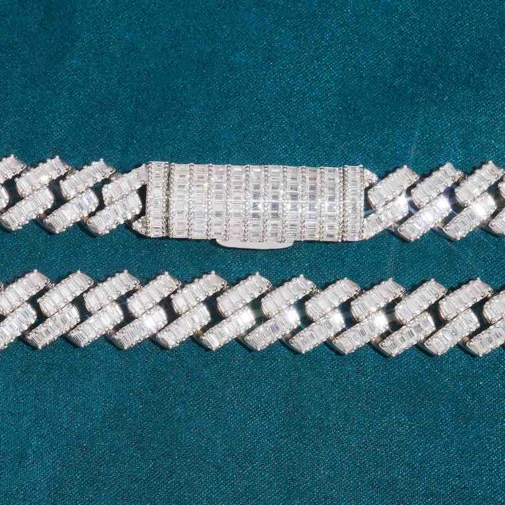 13MM Baguette VVS Moissanite Cuban Link Chain 925 Sterling Silver