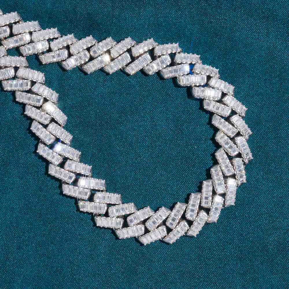 13MM Baguette VVS Moissanite Cuban Link Chain 925 Sterling Silver