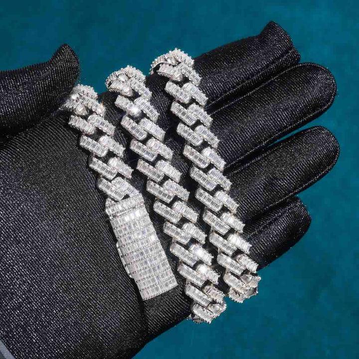 13MM Baguette VVS Moissanite Cuban Link Chain 925 Sterling Silver