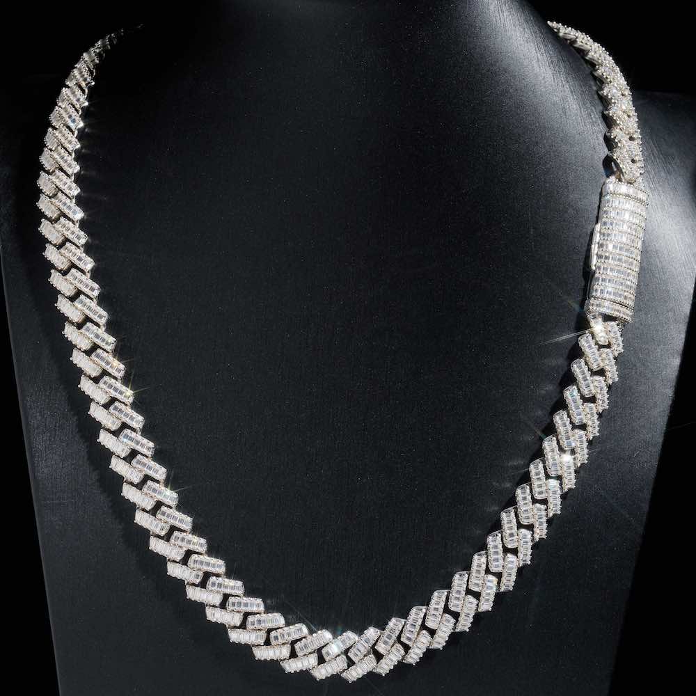 13MM Baguette VVS Moissanite Cuban Link Chain 925 Sterling Silver