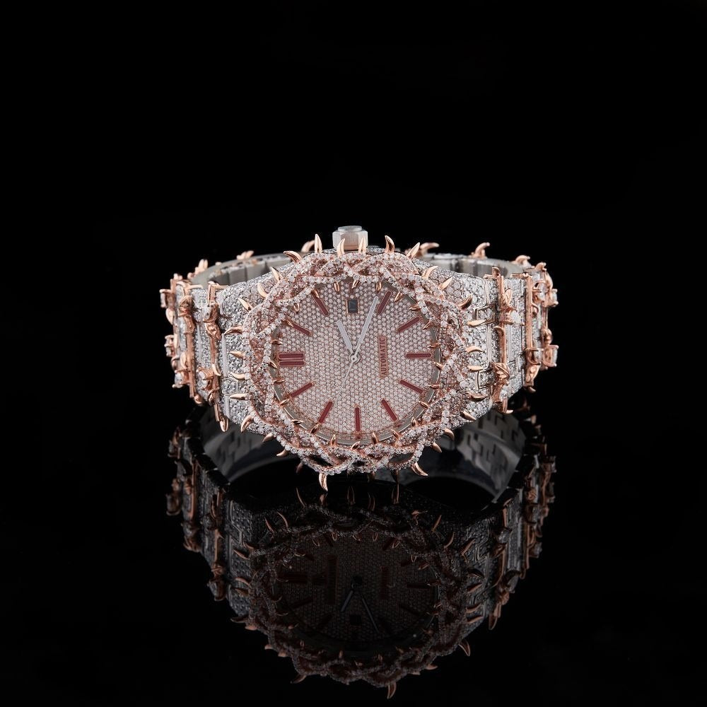 Rose Gold Dial Pink Baguette Marker Round-Cut Floral Moissanite Watch