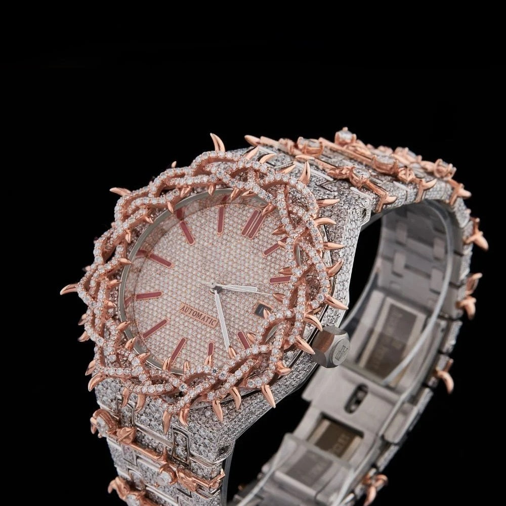Rose Gold Dial Pink Baguette Marker Round-Cut Floral Moissanite Watch