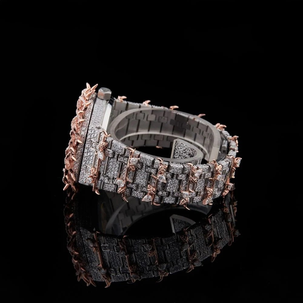 Rose Gold Dial Pink Baguette Marker Round-Cut Floral Moissanite Watch