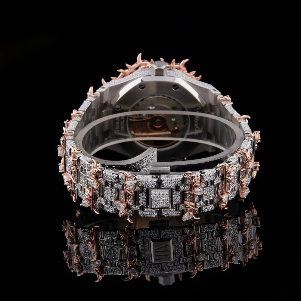 Rose Gold Dial Pink Baguette Marker Round-Cut Floral Moissanite Watch
