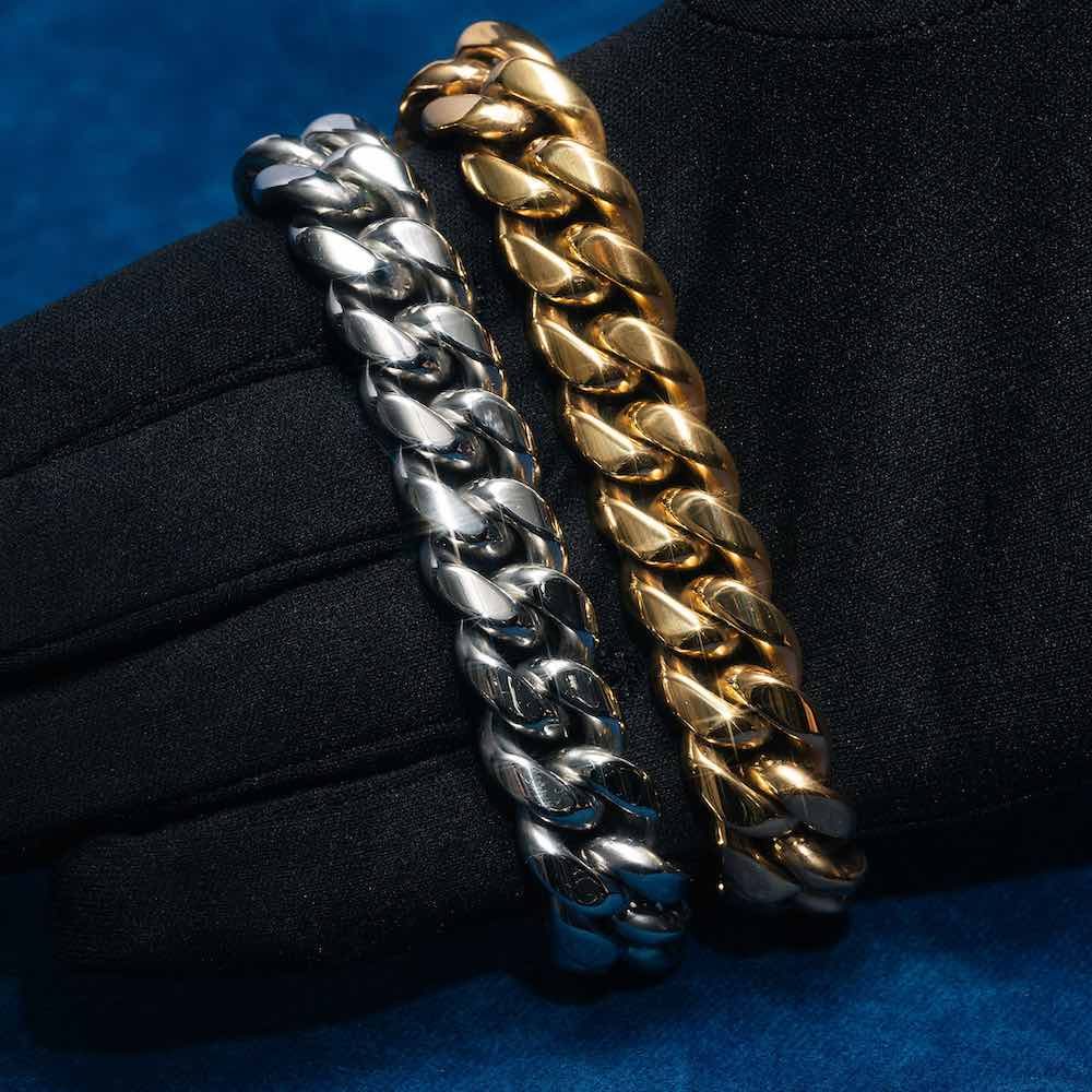 14MM Sparkling Silver in Moissanite Cuban Link Chain With Yellow Gold Plated