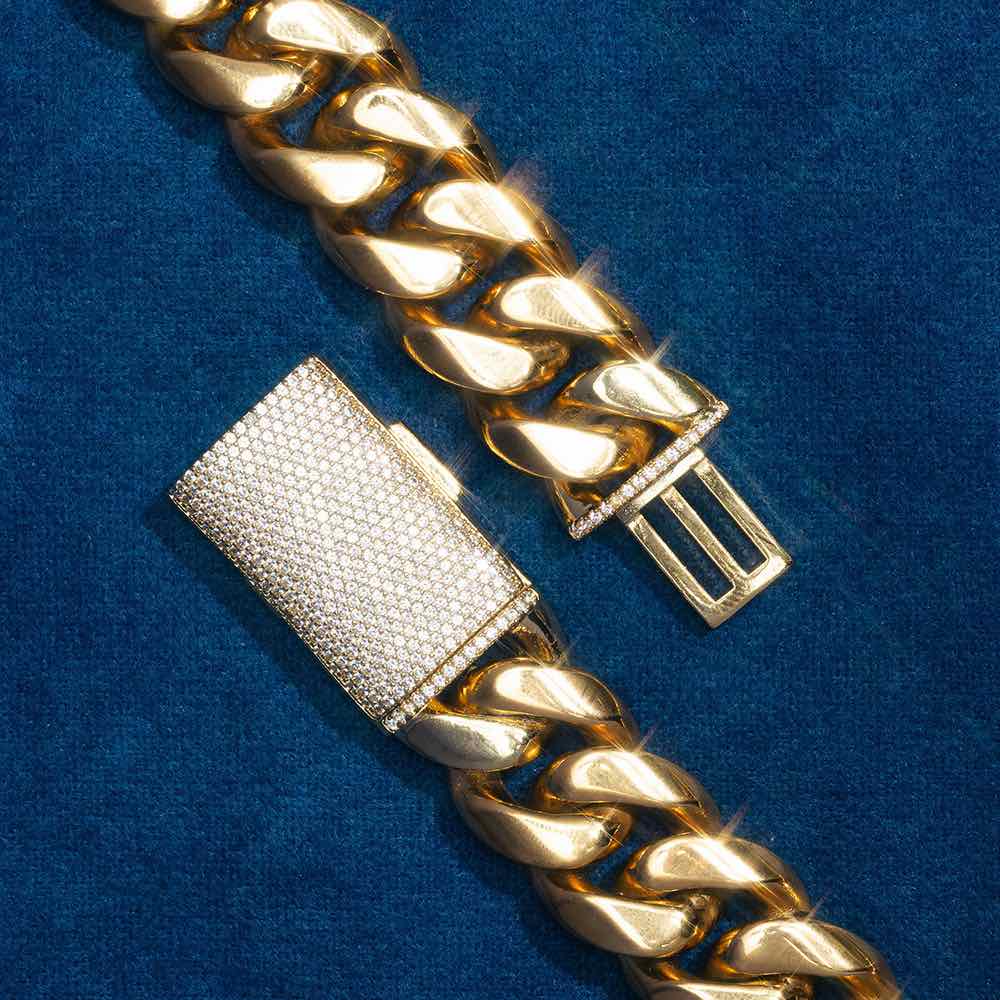 14MM Sparkling Silver in Moissanite Cuban Link Chain With Yellow Gold Plated