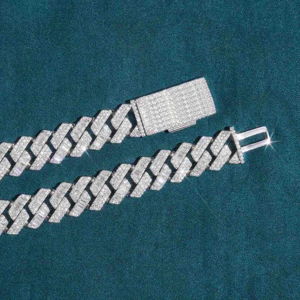 15MM Baguette Pave Cuban Link VVS1 Moissanite Chain 925 Sterling Silver