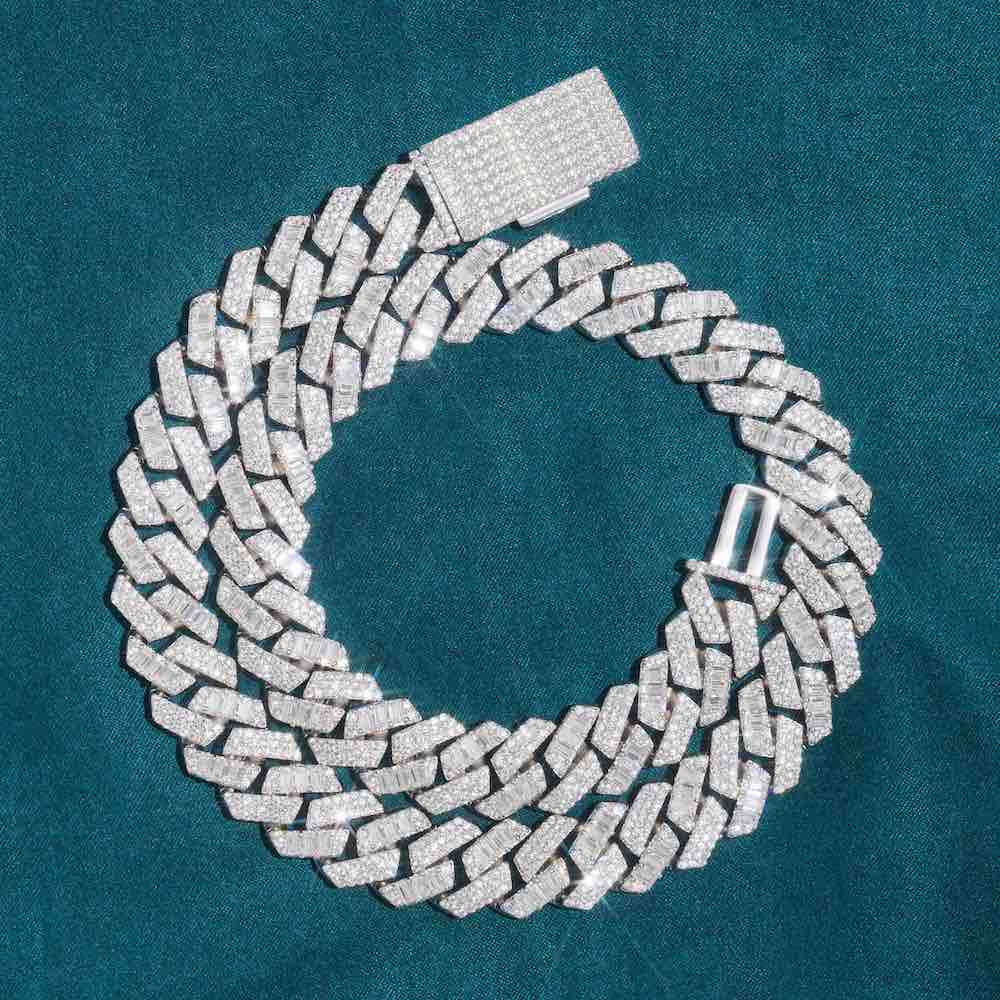 15MM Baguette Pave Cuban Link VVS1 Moissanite Chain 925 Sterling Silver