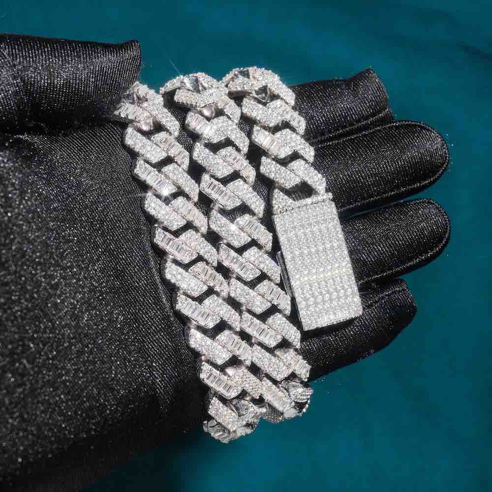 15MM Baguette Pave Cuban Link VVS1 Moissanite Chain 925 Sterling Silver