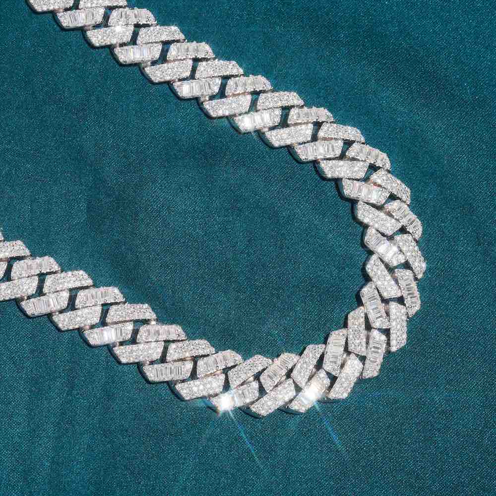 15MM Baguette Pave Cuban Link VVS1 Moissanite Chain 925 Sterling Silver