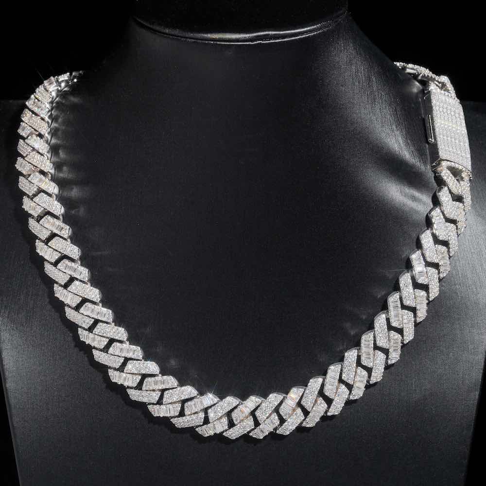 15MM Baguette Pave Cuban Link VVS1 Moissanite Chain 925 Sterling Silver