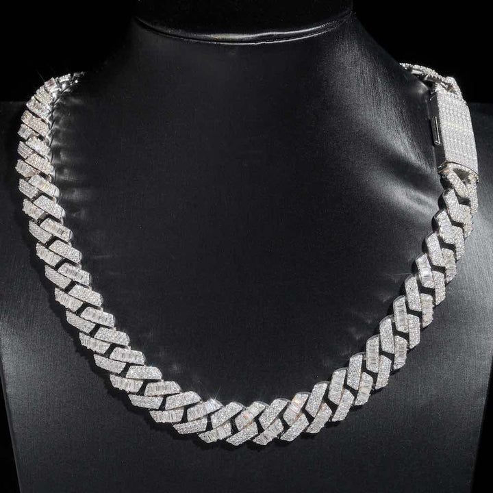 15MM Baguette Pave Cuban Link VVS1 Moissanite Chain 925 Sterling Silver