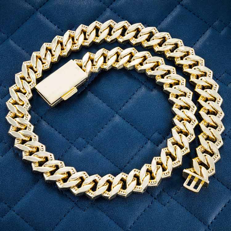 15MM Yellow Gold Baguette Pave Cuban Link VVS1 Moissanite Chain 925 Sterling Silver