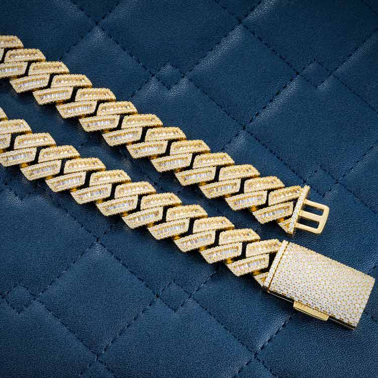 15MM Yellow Gold Baguette Pave Cuban Link VVS1 Moissanite Chain 925 Sterling Silver