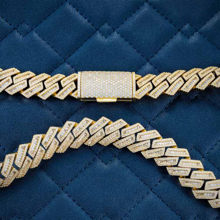 15MM Yellow Gold Baguette Pave Cuban Link VVS1 Moissanite Chain 925 Sterling Silver