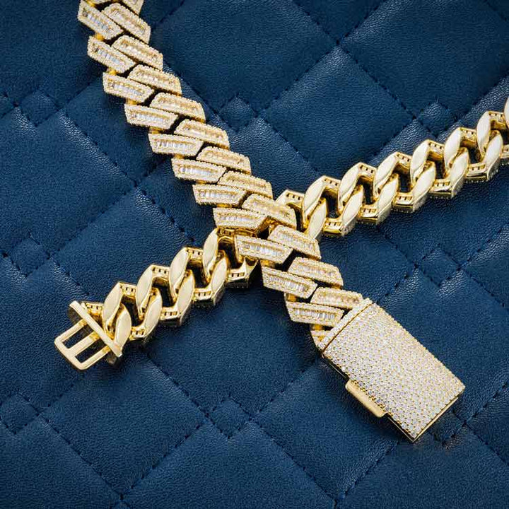 15MM Yellow Gold Baguette Pave Cuban Link VVS1 Moissanite Chain 925 Sterling Silver