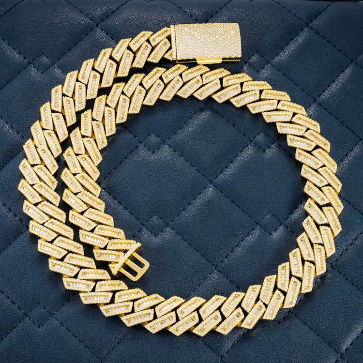 15MM Yellow Gold Baguette Pave Cuban Link VVS1 Moissanite Chain 925 Sterling Silver