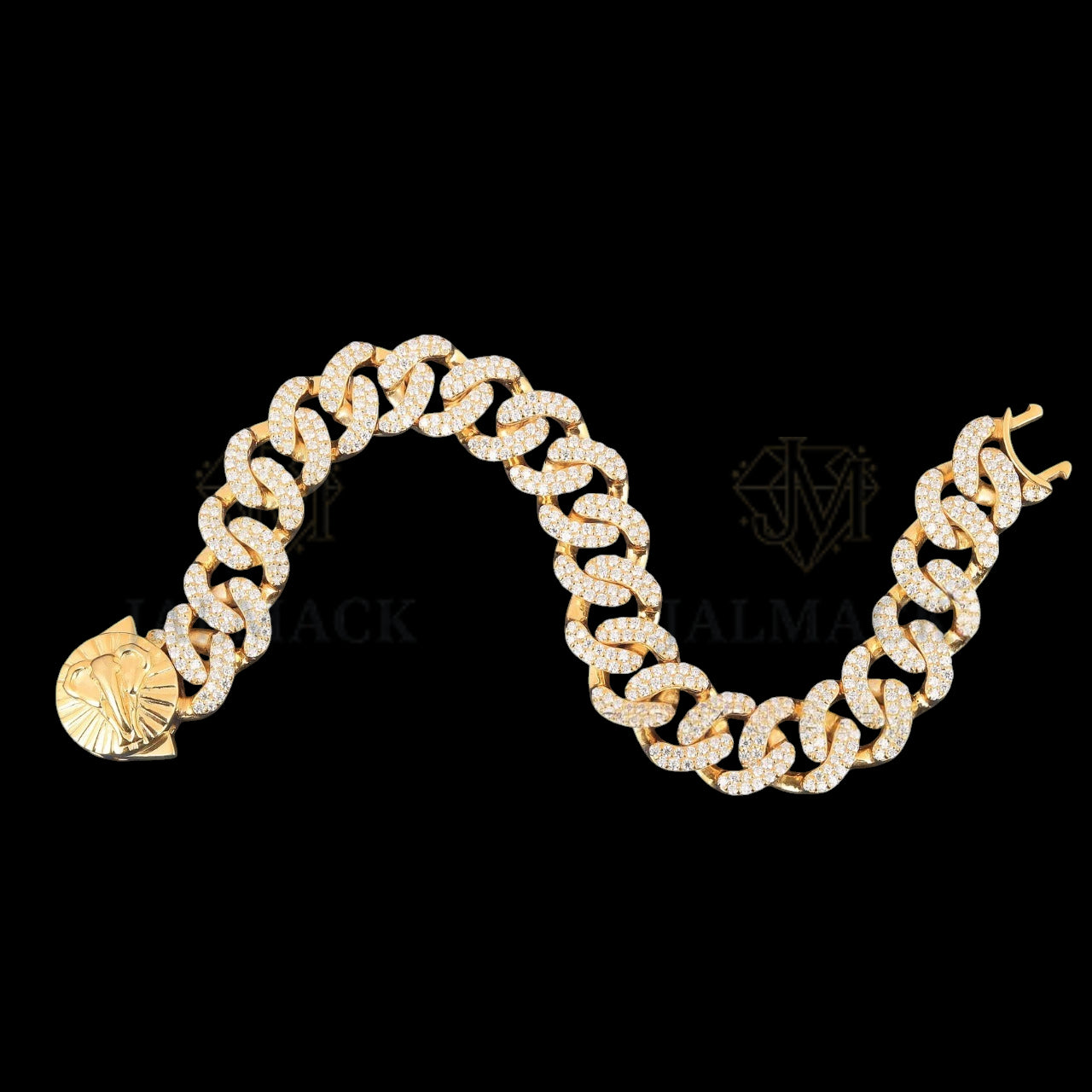 Yellow Gold Elephant Clasp Moissanite Cuban Bracelet Fully Iced Out